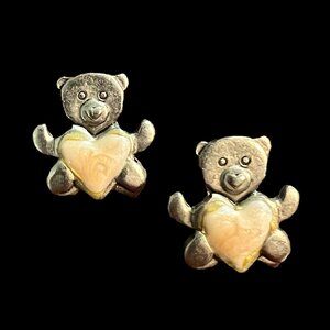 Bear Earrings Silver Tone Pink‎ Heart Tummy Pierced Vintage